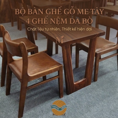 Bàn Gỗ Me Tây 4 Ghế Bella Nệm Da Nâu