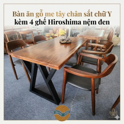 Bàn ăn gỗ me tây chân sắt chữ Y kèm 4 ghế Hiroshima nệm đen