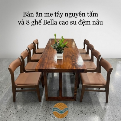 Bàn ăn gỗ me tây nguyên tấm kèm 8 ghế bella cao su cao cấp