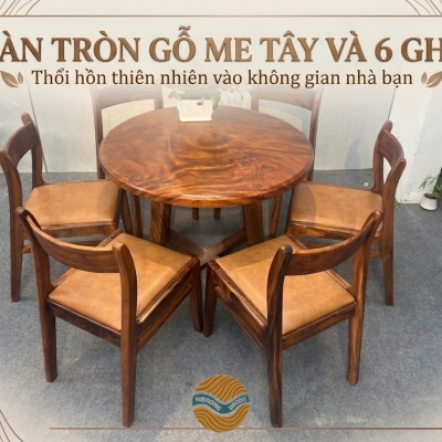 Bàn tròn gỗ me tây và 6 ghế