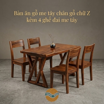 Bàn ăn gỗ me tây chân gỗ chữ Z kèm 4 ghế đai me tây