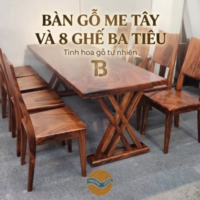 Bàn gỗ me tây và 8 ghế Ba tiêu cho không gian sang trọng