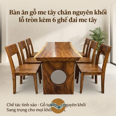 Bàn gỗ me tây chân khối lỗ tròn kèm 6 ghế đai me tây