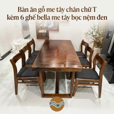 Bàn ăn gỗ me tây chân chữ T kèm 6 ghế bella me tây bọc nệm đen