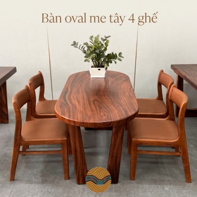Bàn Oval gỗ me tây 4 ghế