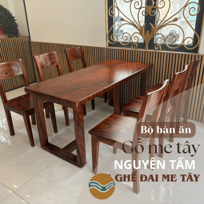 Bàn gỗ me tây nguyên tấm 6 ghế đai sang trọng