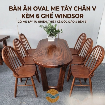 Bàn ăn Oval me tây chân V kèm 6 ghế Windsor cao su