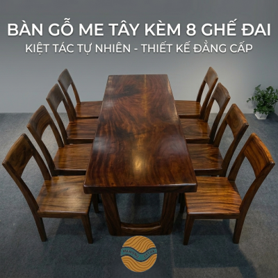 Bàn ăn gỗ me tây nguyên tấm kèm 8 ghế đai me tây cao cấp