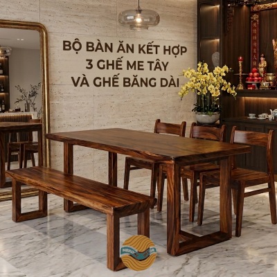 Bộ bàn ăn kết hợp 3 ghế me tây và ghế băng dài