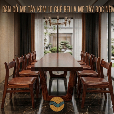 Bàn Gỗ Me Tây kèm 10 ghế bella me tây bọc nệm