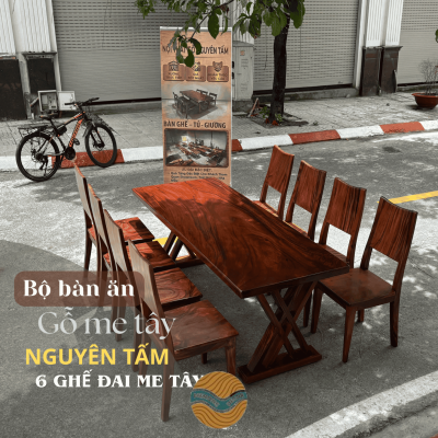 Bàn ăn gỗ me tây nguyên tấm chân 2X và 8 ghế đai me tây 