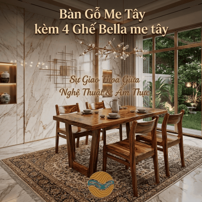 Bàn Gỗ Me Tây kèm 4 Ghế Bella me tây 