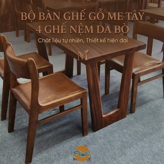 Bàn Gỗ Me Tây 4 Ghế Bella Nệm Da Nâu