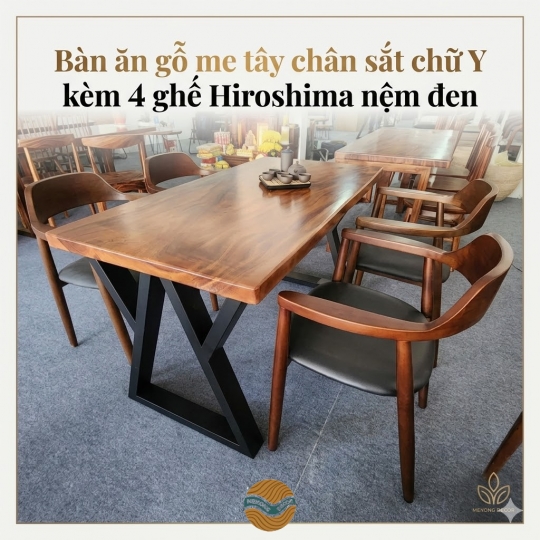 Bàn ăn gỗ me tây chân sắt chữ Y kèm 4 ghế Hiroshima nệm đen