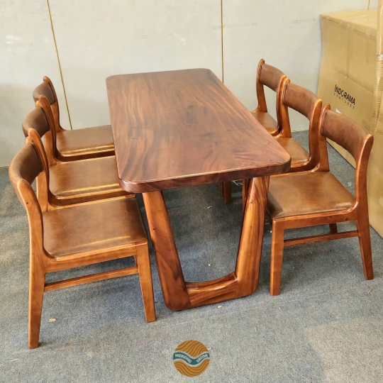 Bàn gỗ me tây nguyên tấm bo góc kém 6 ghế bella cao su
