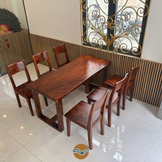 Bàn gỗ me tây nguyên tấm 6 ghế đai sang trọng