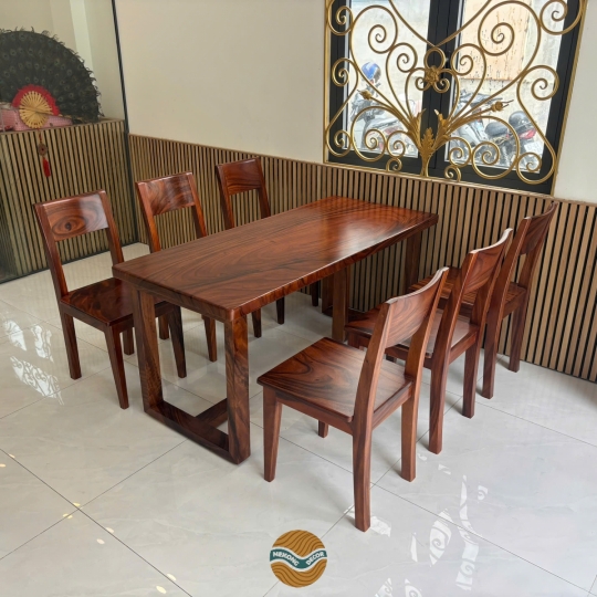 Bàn gỗ me tây nguyên tấm 6 ghế đai sang trọng