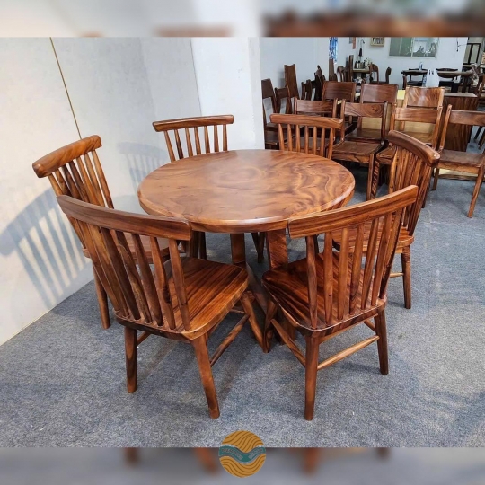 Bàn tròn gỗ me tây nguyên khối và 6 ghế nan me tây