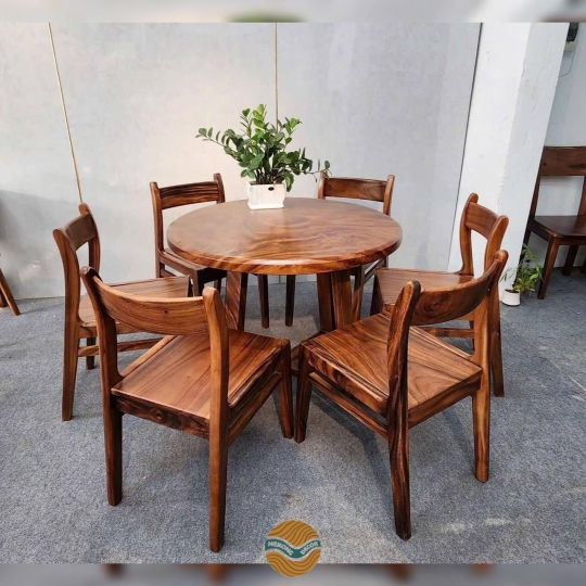 Bàn tròn gỗ me tây và 6 ghế bella me tây