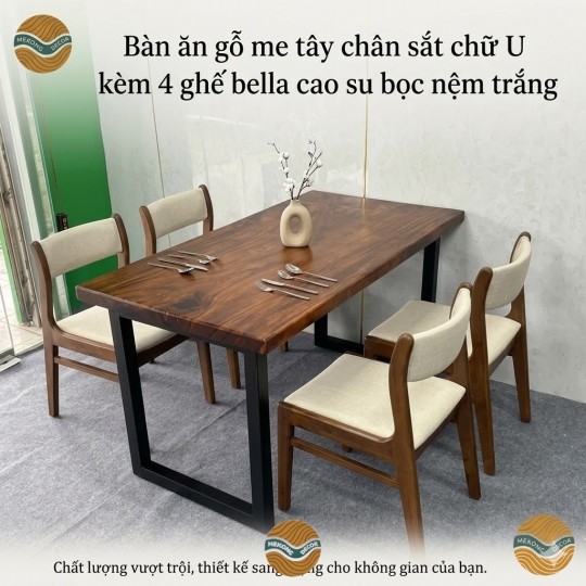 Bàn ăn gỗ me tây chân sắt chữ U kèm 4 ghế bella cao su bọc nệm trắng