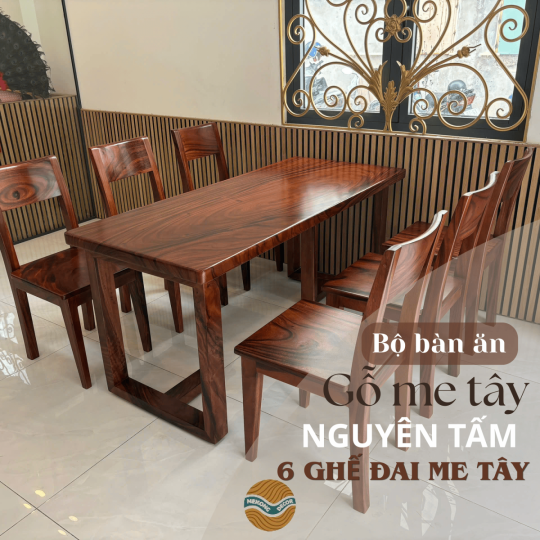 Bàn gỗ me tây nguyên tấm 6 ghế đai sang trọng