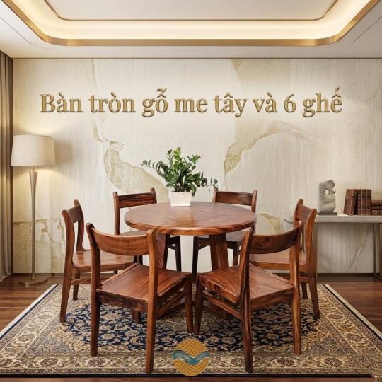 Bàn tròn gỗ me tây và 6 ghế bella me tây