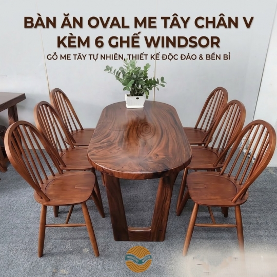 Bàn ăn Oval me tây chân V kèm 6 ghế Windsor cao su