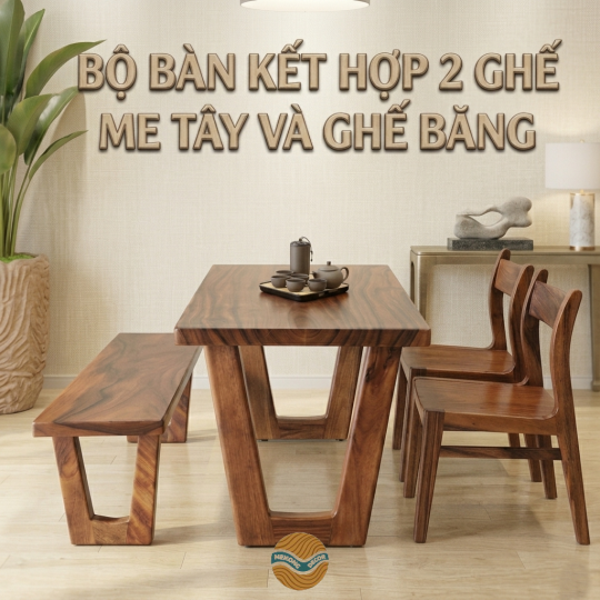 Bộ bàn ăn kết hợp 2 ghế me tây và ghế băng dài 