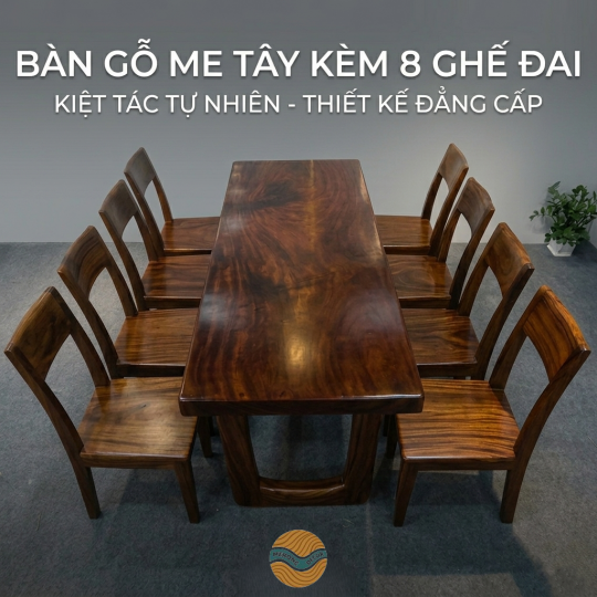 Bàn ăn gỗ me tây nguyên tấm kèm 8 ghế đai me tây cao cấp