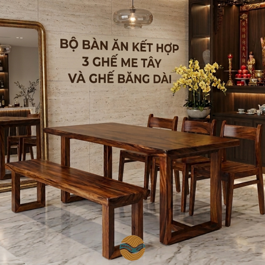 Bộ bàn ăn kết hợp 3 ghế me tây và ghế băng dài