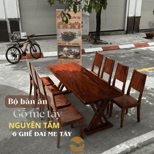 Bàn ăn gỗ me tây nguyên tấm chân 2X và 8 ghế đai me tây 