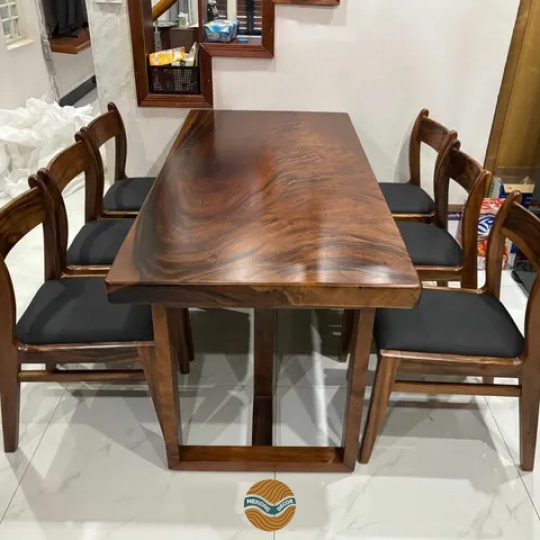 Bàn ăn gỗ me tây chân chữ T kèm 6 ghế bella me tây bọc nệm đen