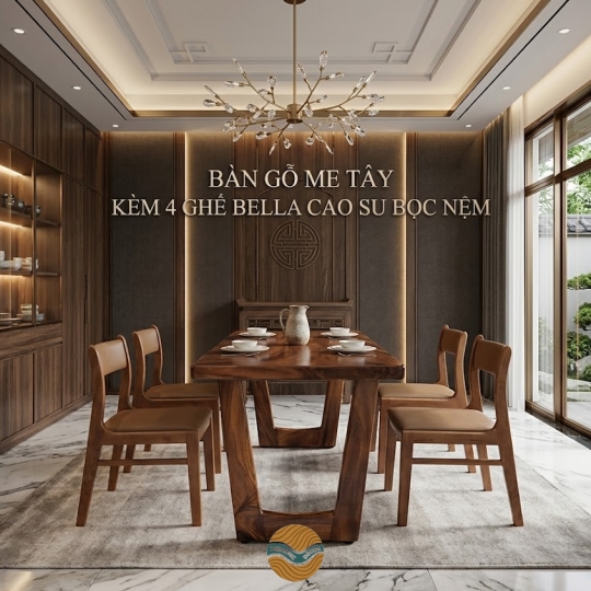 Bàn Gỗ Me Tây kèm 4 Ghế Bella Cao su bọc nệm